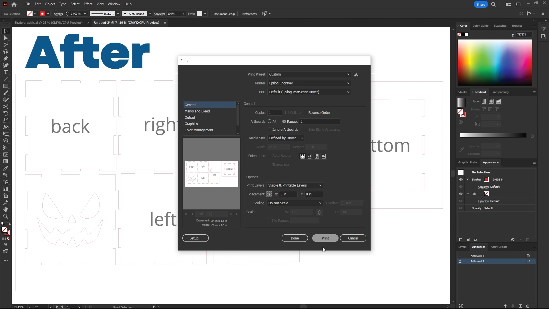 Finestra di dialogo e impostazioni di stampa di Adobe Illustrator