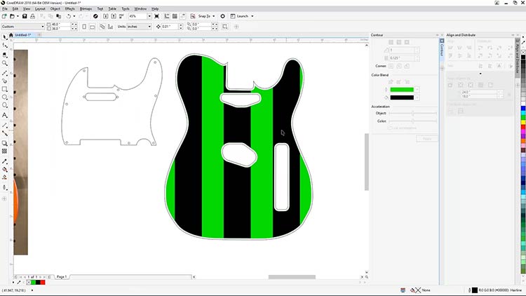 Schneiden Sie die Grafik zu, um eine Vorschau des Designs auf dem Gitarrenkorpus anzuzeigen.