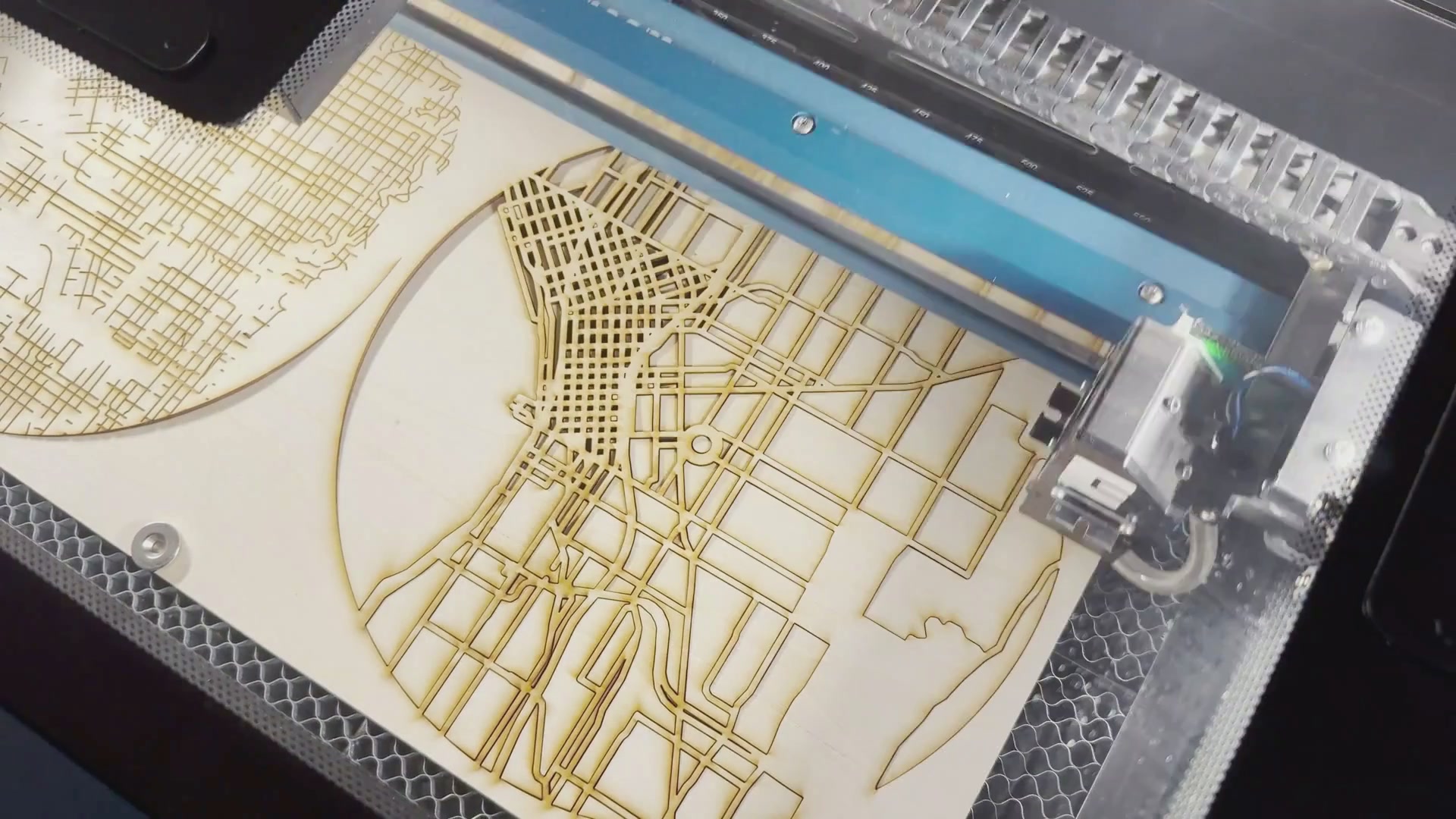 Laser engraving city map on wooden cutting board