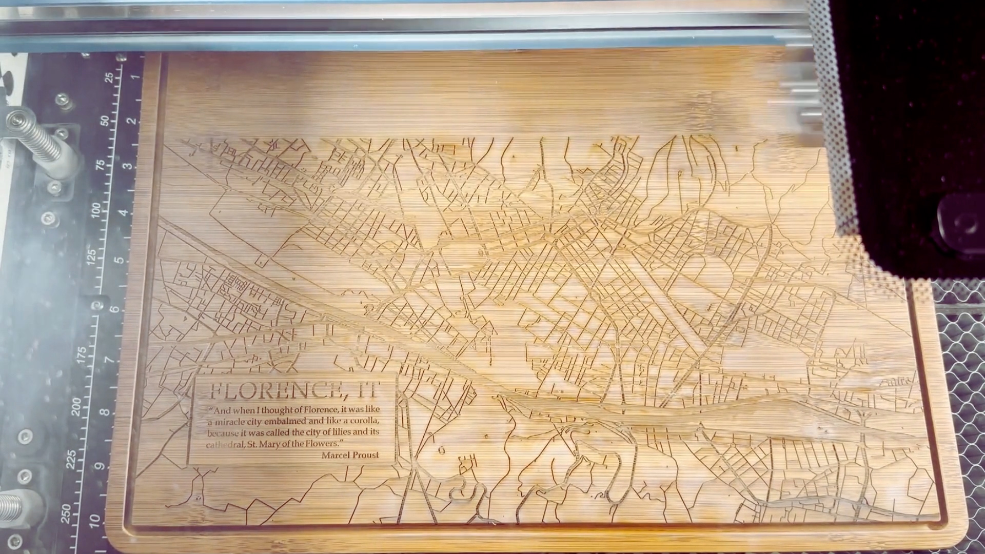 Laser engraving city map on wooden cutting board