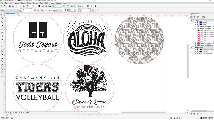 A screen shot of the cork coaster art in Corel Draw