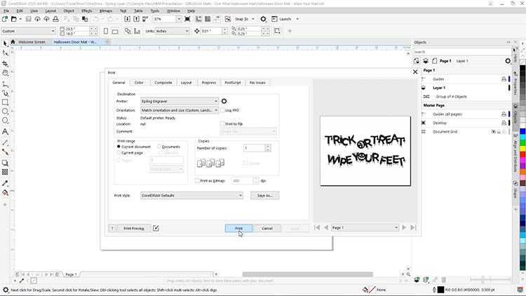 printing halloween coir doormat from coreldraw