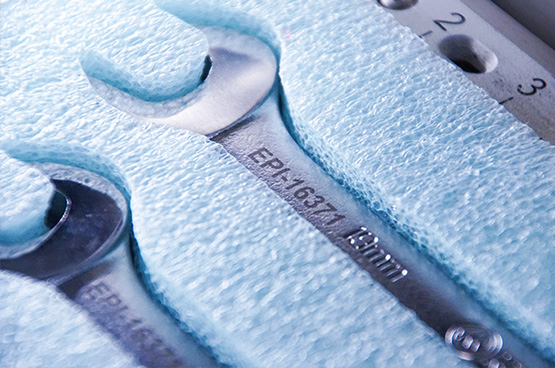 Tools placed in foam close up