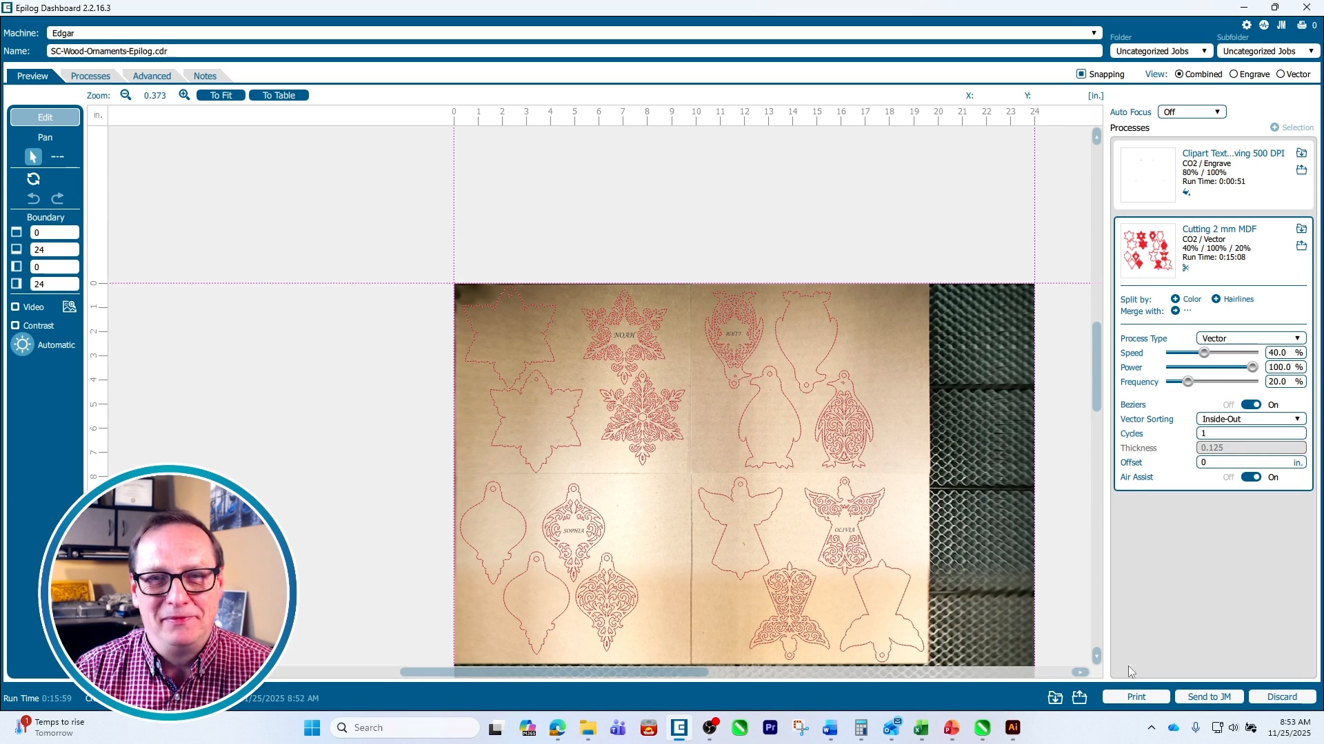 Laser cut Christmas ornament artwork in Laser Dashboard