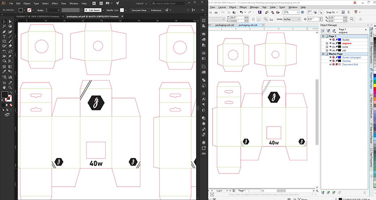 File desain kemasan yang dipotong laser.