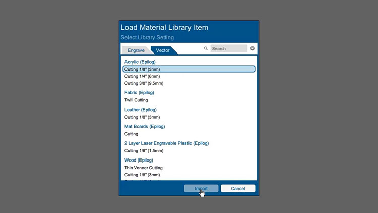 setting the material settings using import feature on epilog dashboard