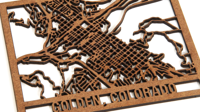 mappa della città di golden, in colorado, in mdf tagliato al laser