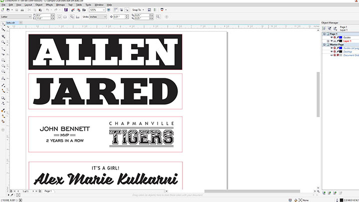 Screenshot della grafica delle mini mazze da baseball in Corel Draw