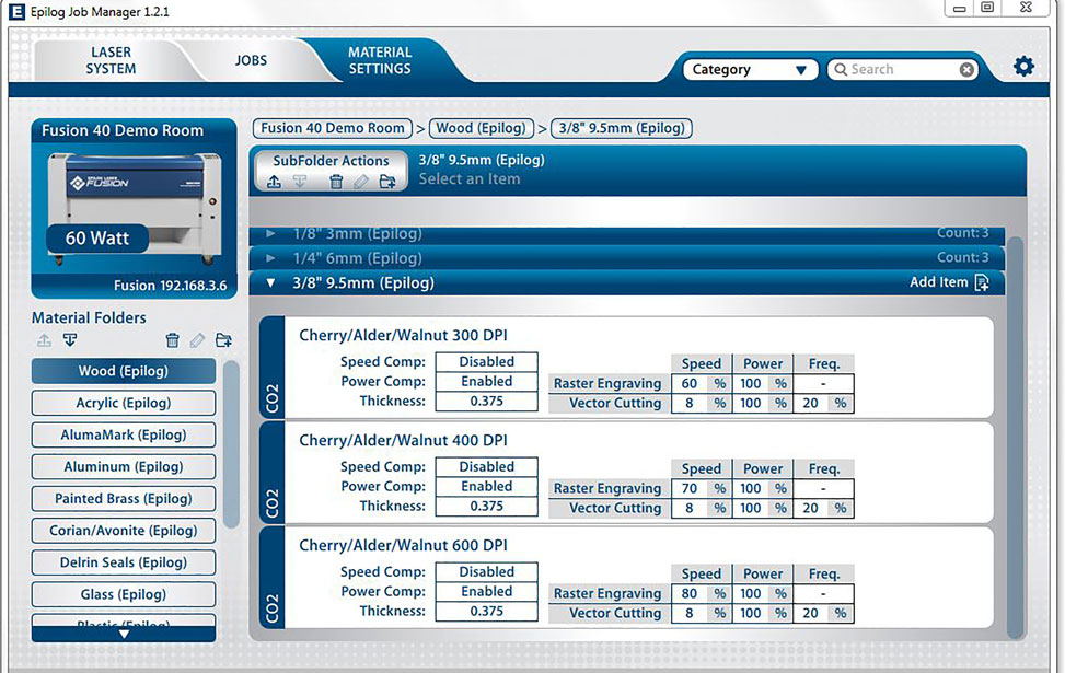 impostazioni per i materiali del laser del job manager