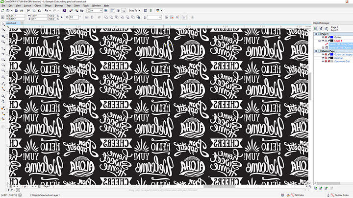 A screen shot of the rolling pin art in Corel Draw