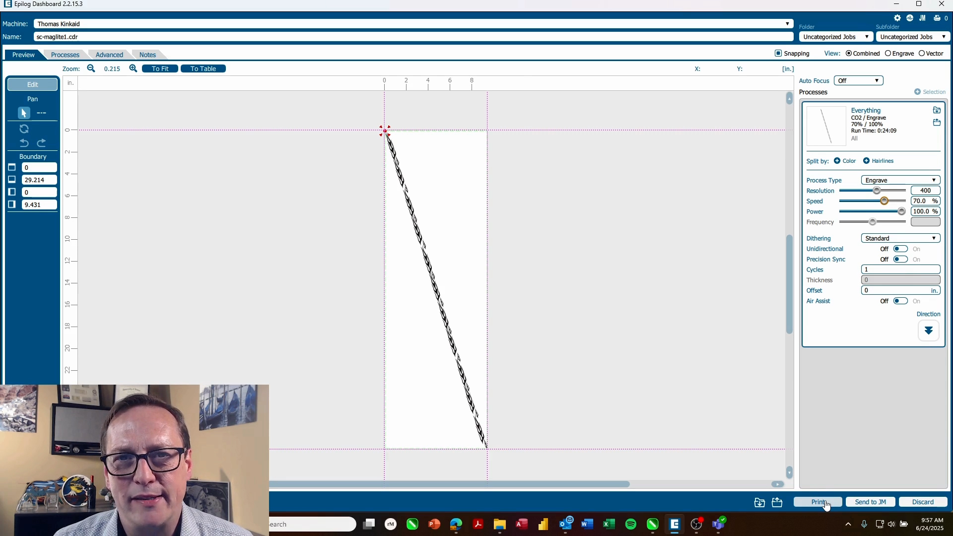 Paramètres de gravure dans le tableau de bord du laser