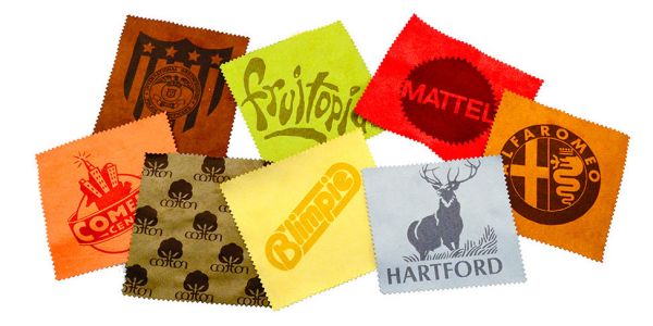 Multicolored laser engraved microfiber samples